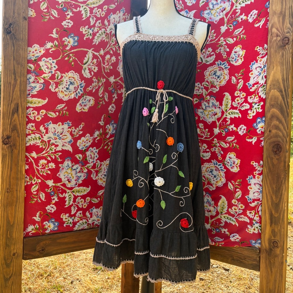 Grey Crocheted Floral Embellishment Drawstring Cottagecore Midi Dress Size M - Picture 10 of 13